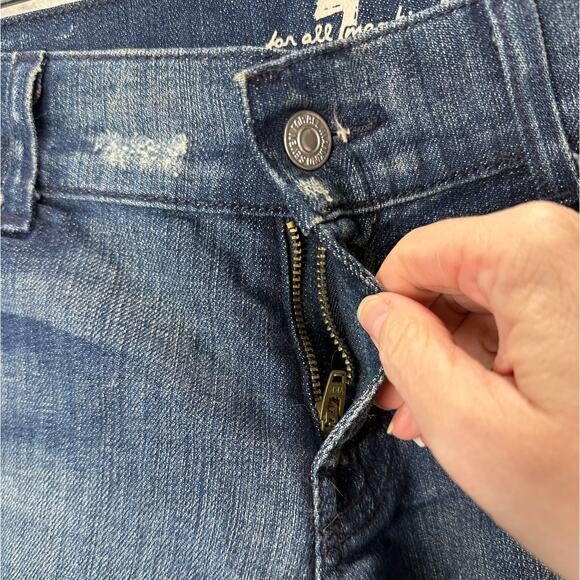 7 For All Mankind Dark Blue Distressed Low Rise Raw Hem Jean Shorts 29 - Picture 5 of 14